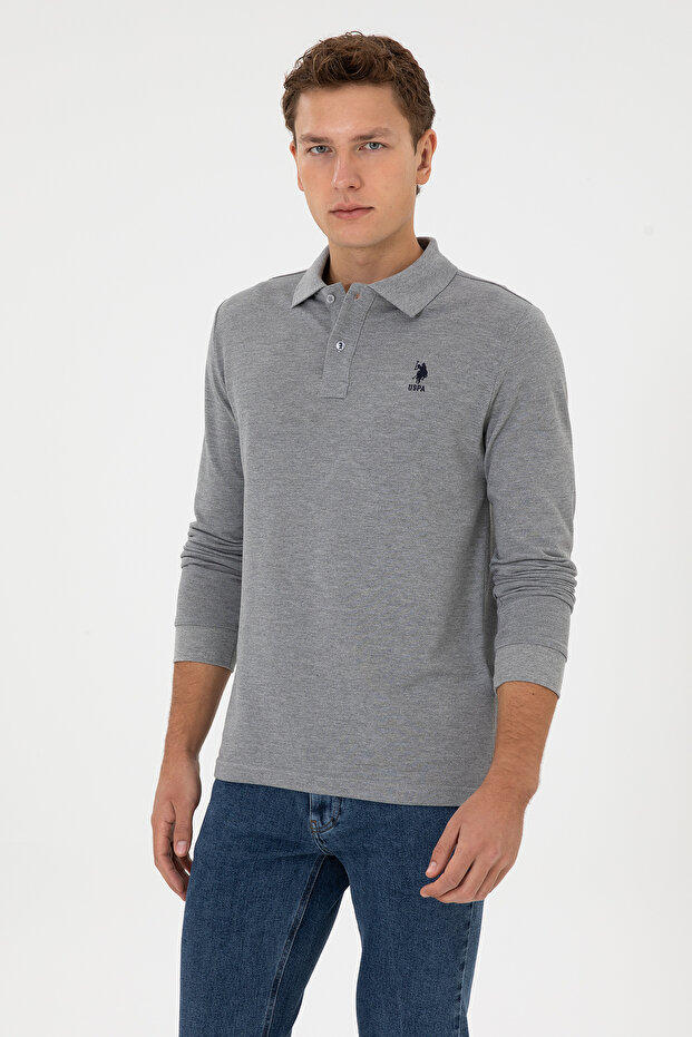 Men's Regular Fit Polo Collar Gray Melange Basic Sweatshirt 50307757-Vr086