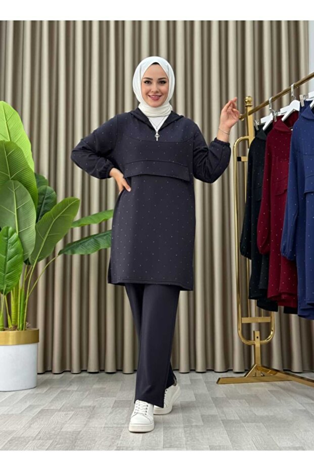 Stone Detailed Hooded Zippered Double Tunic Set