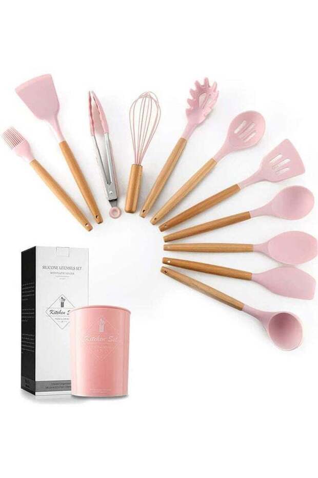 Arabest 11-Piece Wooden Handle Barrel Cookware Set Pink