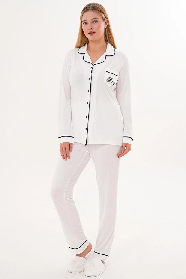 Buttoned Women's Shirt Collar Long Sleeve Pajama Set 65% Cotton 35% Viscose