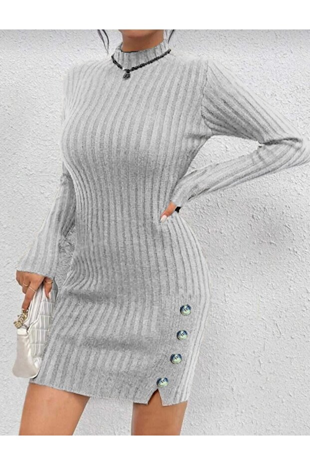 Buttoned High Neck Slit Detailed Mini Slim Fit Dress