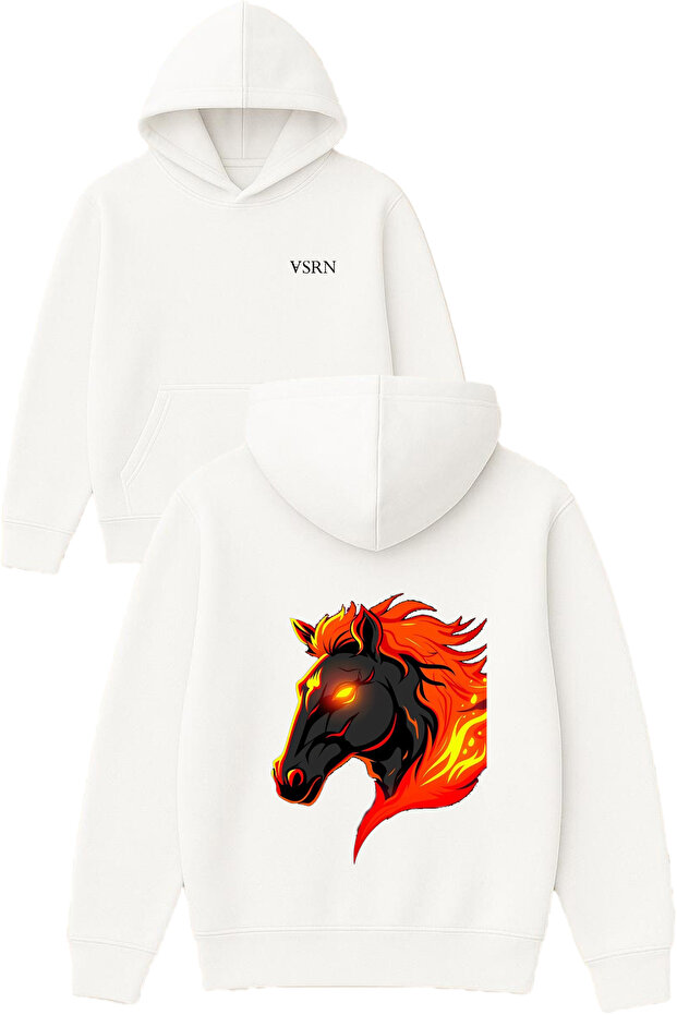 Fire Mane Horse Design Printed Oversized White Hooded Sweatshirt