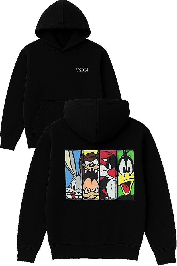 Various Characters Design Printed Oversized Black Hooded Sweatshirt