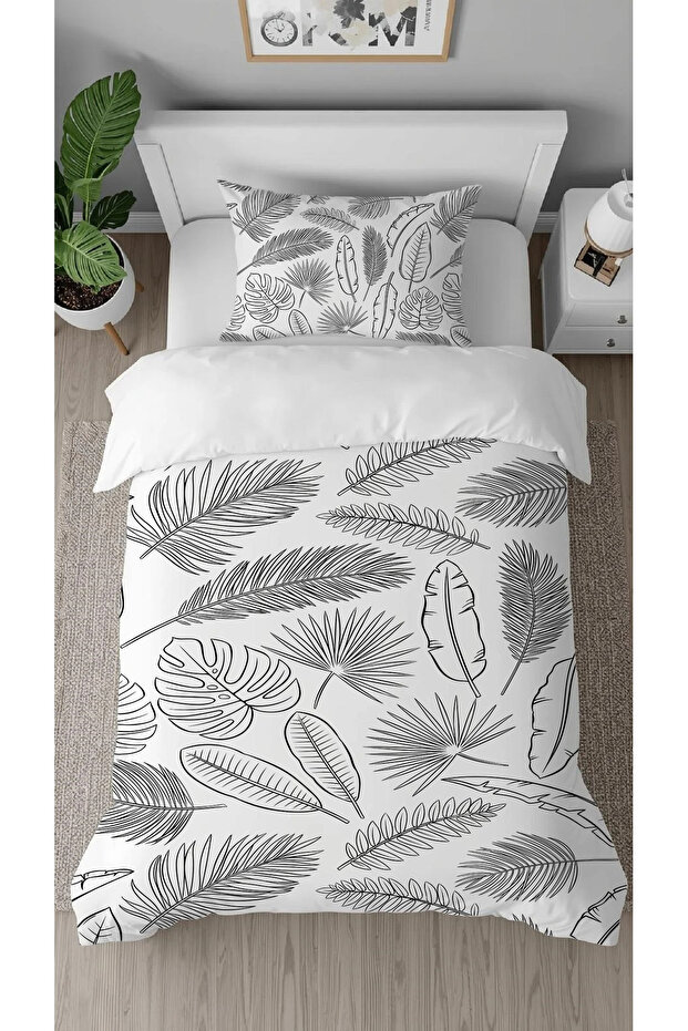Leaf Patterned Printed Special Design Single Person Modern Black and White Style Stylish Duvet Cover Set Without Sheets