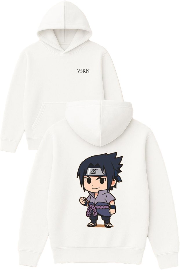 Black Hair Anime Design Printed Oversized White Hooded Sweatshirt