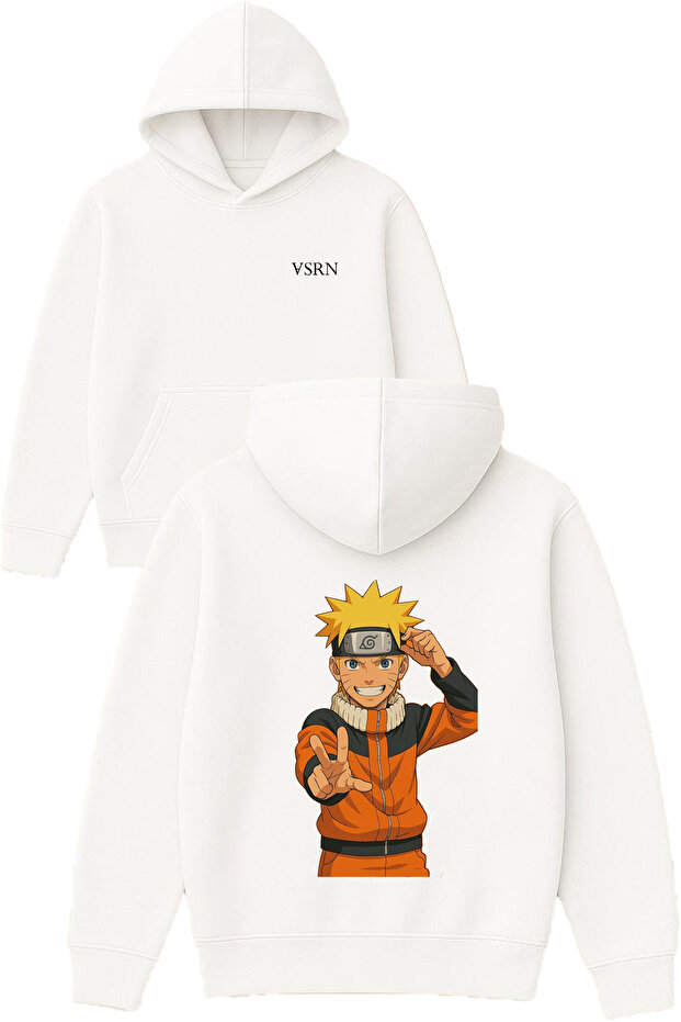 Orange Costume Anime Design Printed Oversized White Hooded Sweatshirt