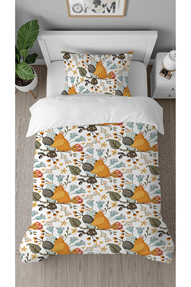 Bülbül Flowers Love Patterned Printed Special Design Single Person Simple Style Stylish Duvet Cover Set Without Sheets