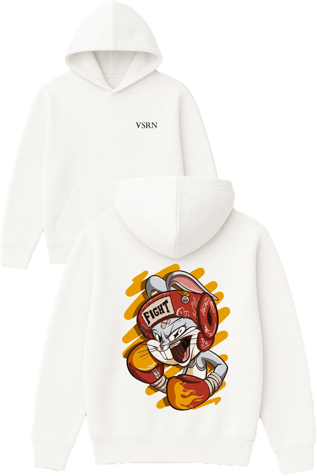 Boxer Rabbit Design Printed Oversized White Hooded Sweatshirt