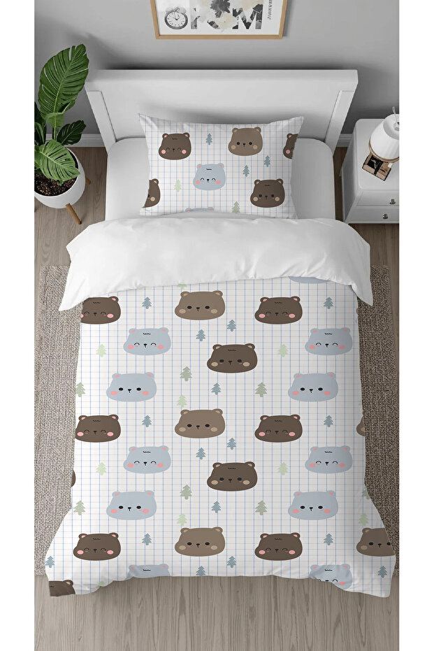 Teddy Bear Patterned Printed Special Design Single Person White Simple Stylish Children's Duvet Cover Set Without Sheets