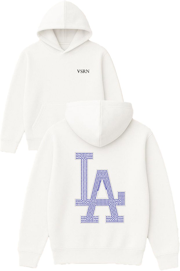 Los Angeles Blue Diamond Design Printed Oversized White Hooded Sweatshirt