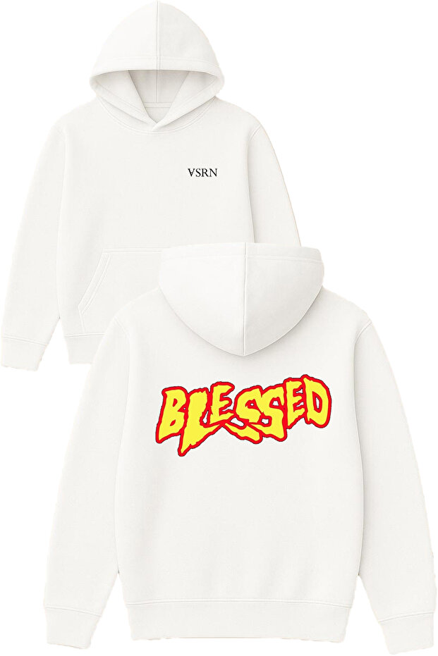 Blessed Alevli Design Printed Oversized White Hooded Sweatshirt