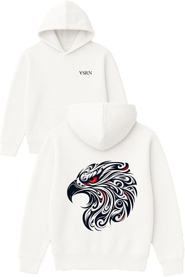 Red-Eyed Falcon Design Printed Oversized White Hooded Sweatshirt