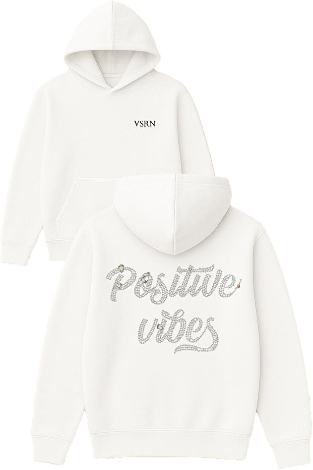 Positive Vibes Design Printed Oversized White Hooded Sweatshirt