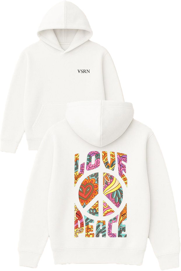 Love Peace Design Printed Oversized White Hooded Sweatshirt