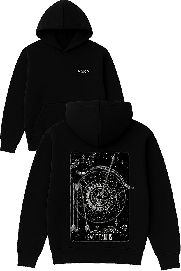 Sagıttarus Design Printed Oversized Black Hooded Sweatshirt