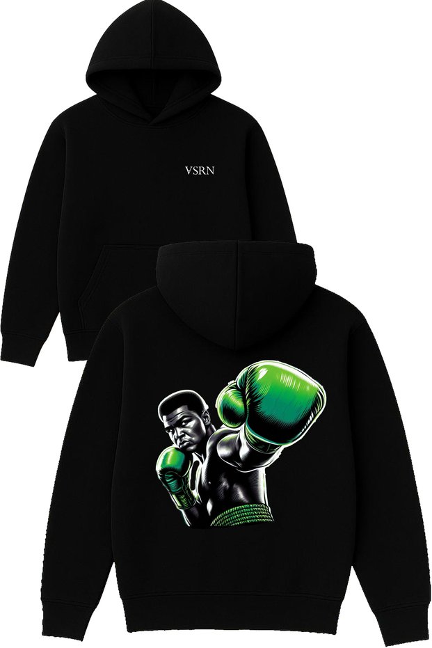 Green Gloves Muhammad Ali Design Printed Oversized Black Hooded Sweatshirt