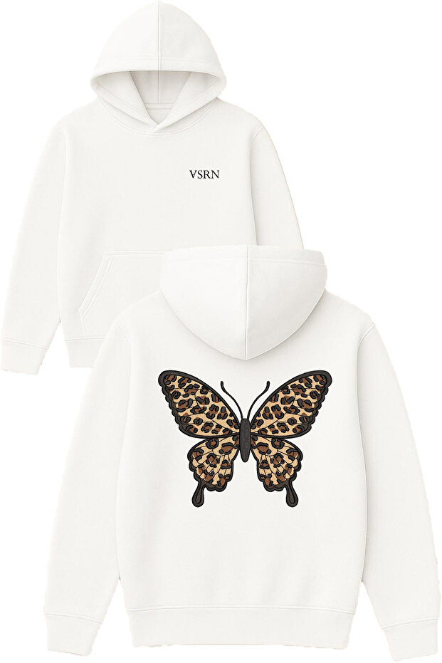 Leopard Print Butterfly Design Printed Oversized White Hooded Sweatshirt