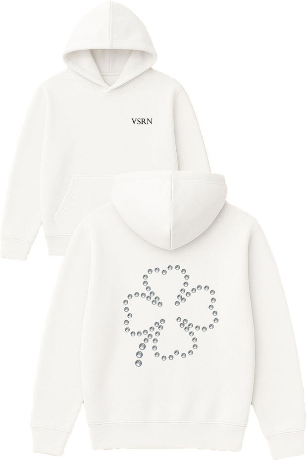 Diamond Clover Design Printed Oversized White Hooded Sweatshirt