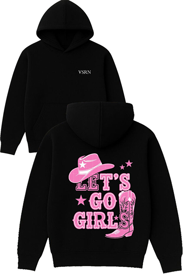 Pink Lets Go Girls Design Printed Oversized Black Hooded Sweatshirt