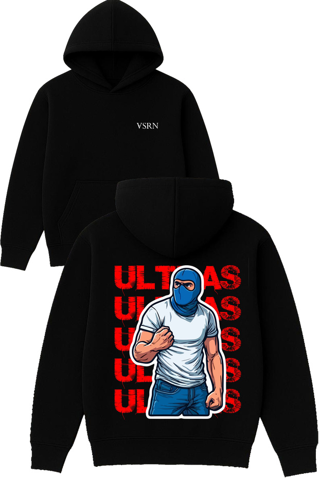 Ultras Design Printed Oversized Black Hooded Sweatshirt