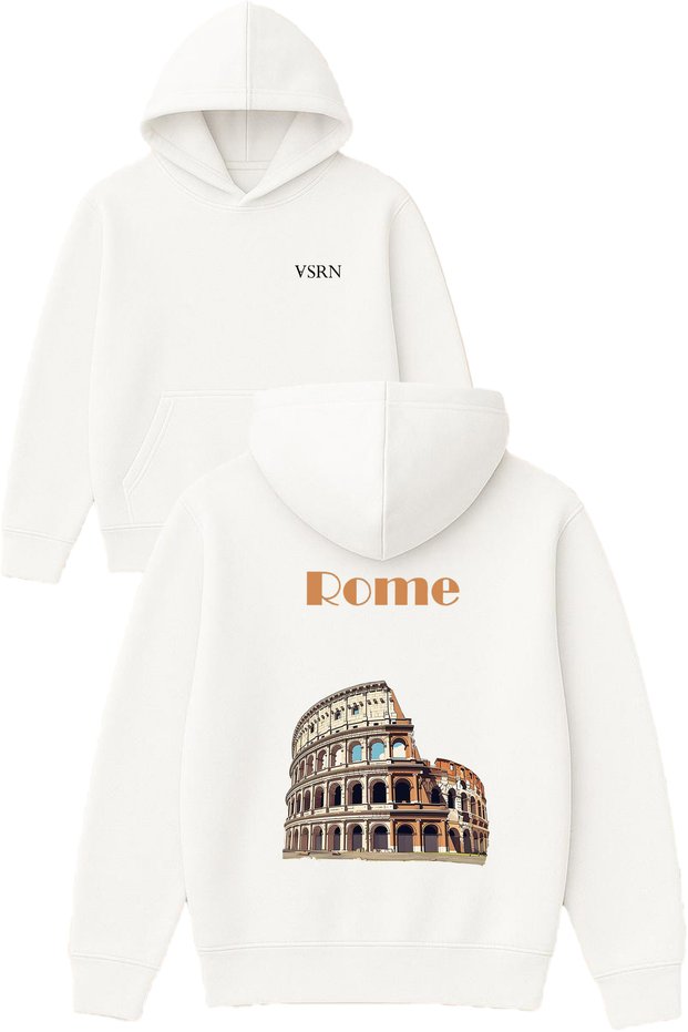 Rome Design Printed Oversized White Hooded Sweatshirt