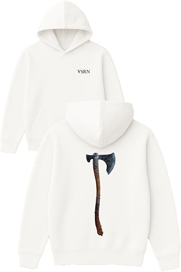 Viking Axe Design Printed Oversized White Hooded Sweatshirt