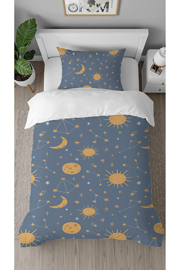 Space Star Moon Planet Patterned Printed Specially Designed Sheetless Style Stylish Single Duvet Cover Set