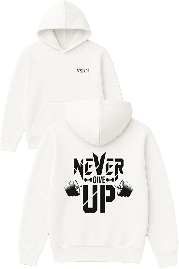 Never Give up 1 Design Printed Oversized White Hooded Sweatshirt