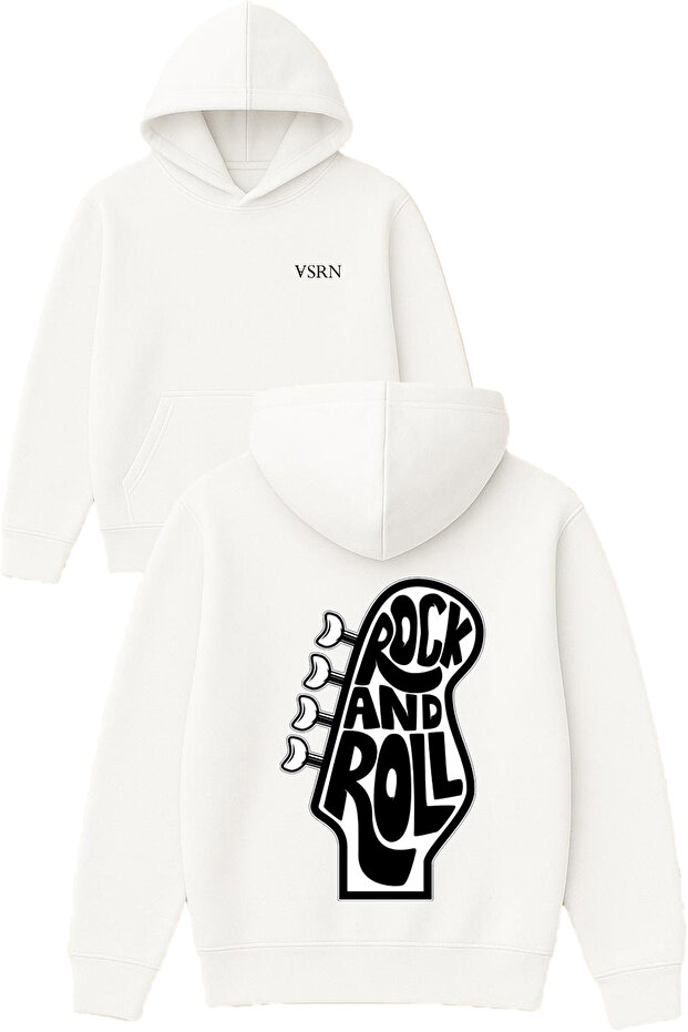 Rock Adn Roll Design Printed Oversized White Hooded Sweatshirt