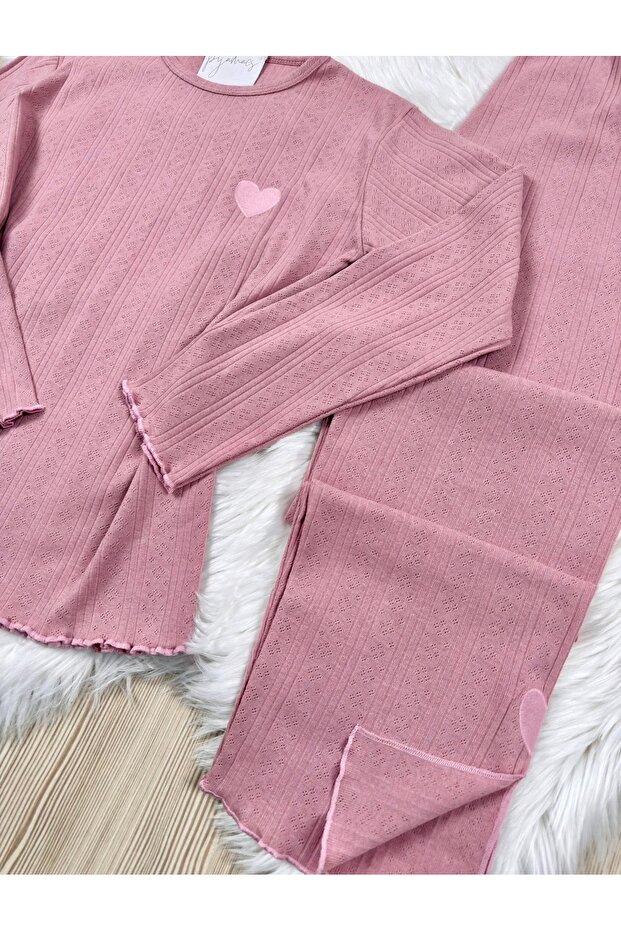 Koyu Pembe Pamuklu Paça ve Yaka Kalp Detaylı Ajurlu/Delikli Uzun Kol Pijama Takımı - 8