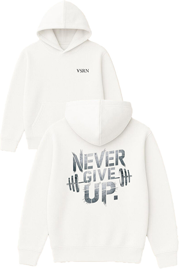 Never Give up Design Printed Oversized White Hooded Sweatshirt