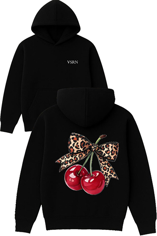 Leopard Ribbon Cherry Design Printed Oversized Black Hooded Sweatshirt