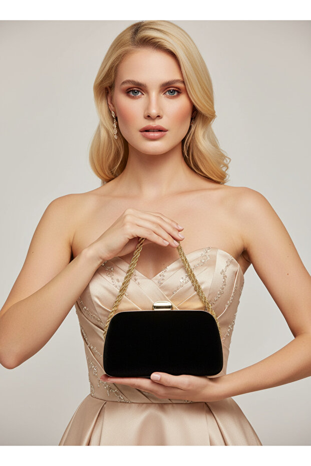 Black Color Suede Chain Detailed Chain Handle Women's Evening Dress Bag