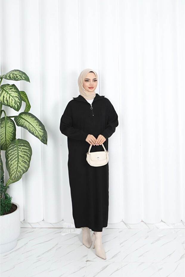 Corded Fabric Zippered Knitwear Dress