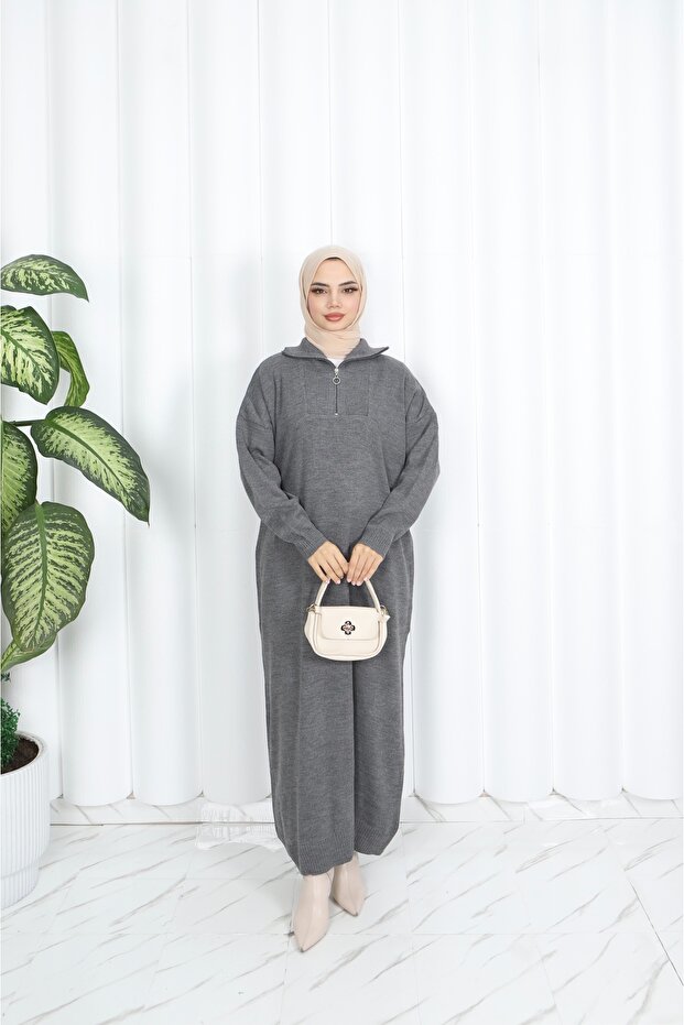 Corded Fabric Zippered Knitwear Dress