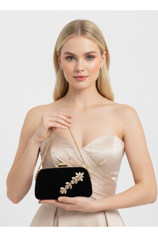 Black Color Suede Chain Detailed Chain Handle Women's Evening Dress Bag Wedding Engagement Graduation