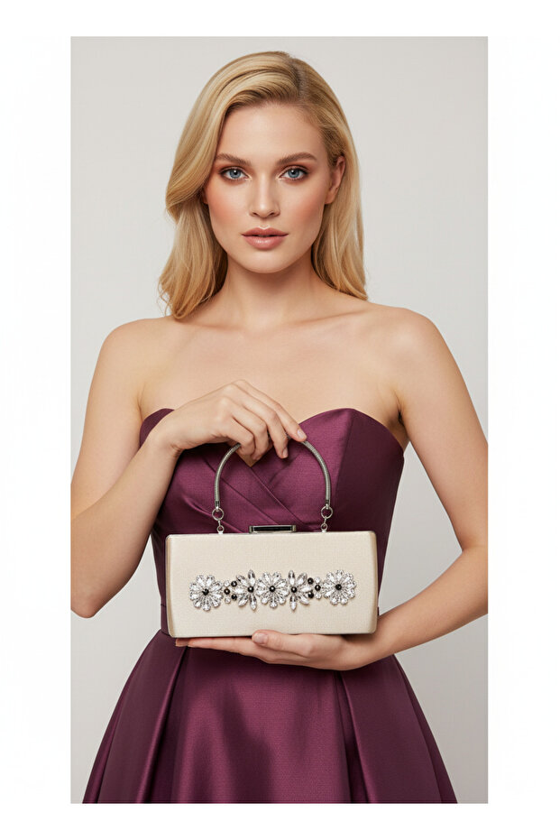 Ten Nude Crystal Silver Stone Satin Evening Dress Bag, Elegance with Metal Handle