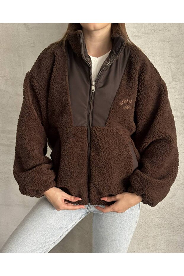 Oversize Fermuarlı Peluş Ceket - 3