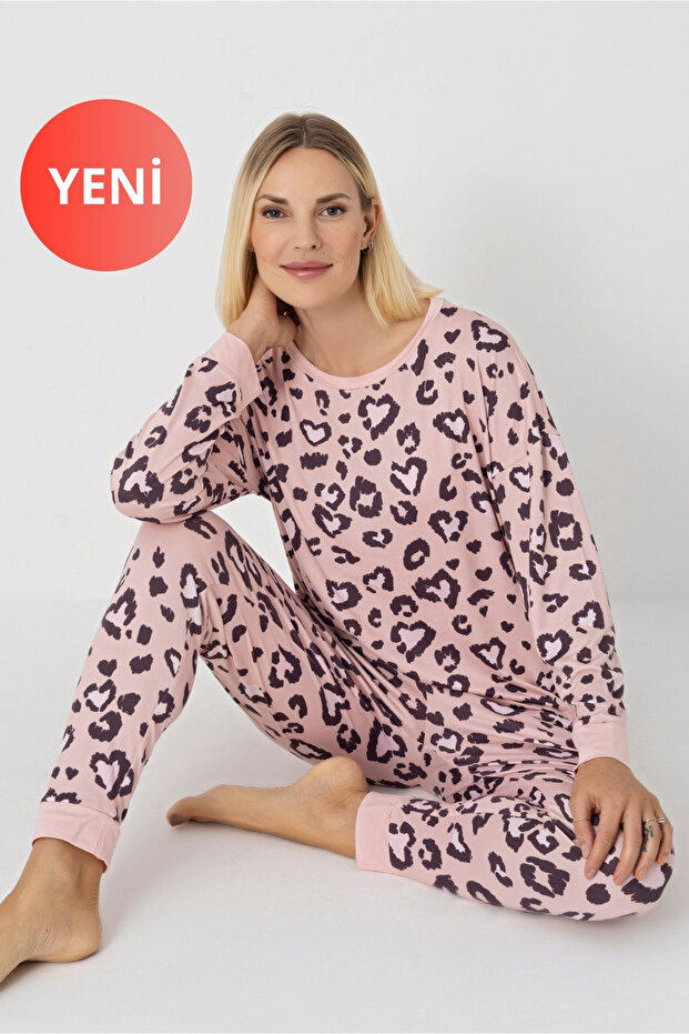 Women's Pink Leopard Print Winter Pajama Set – Dty Fabric, Long Sleeve, Pockets, Cuffs