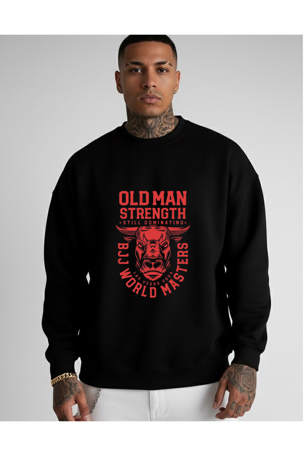سويت شيرت أبيض برقبة دائرية للجنسين من Old Man Strength Print قصة فضفاضة