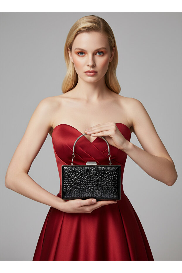 Black Patterned Patent Leather Evening Dress Bag
