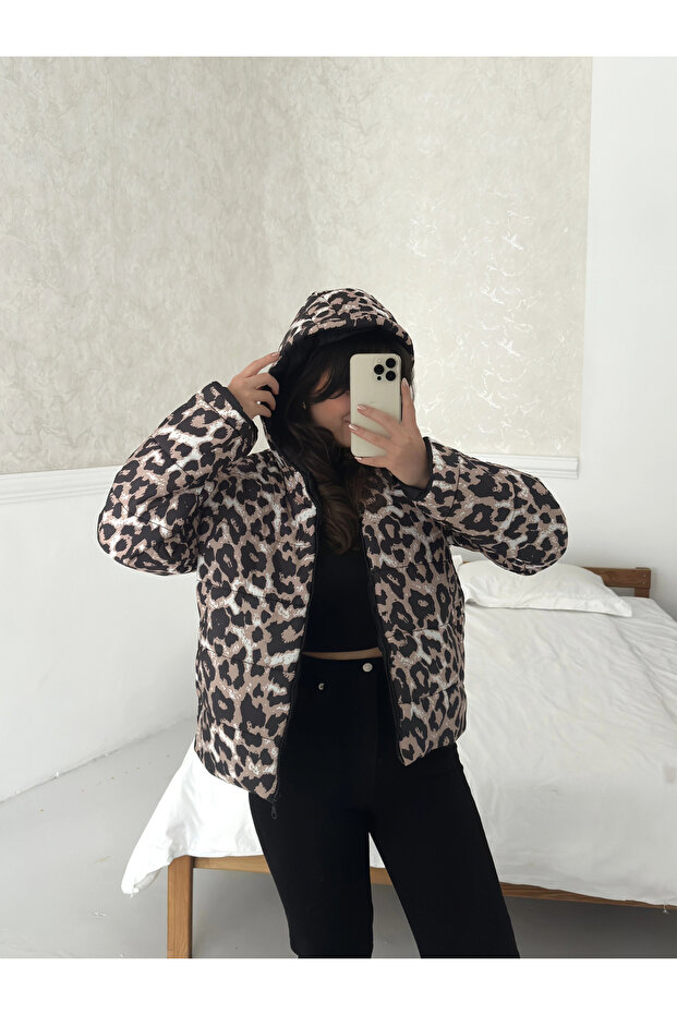Kapşonlu Fermuarlı Cepli Şişme Mont Leopar - 1