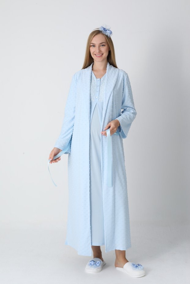 Women's Blue Shawl Collar Jacquard Full Length Winter Long Sleeve Special Design Maternity Nightgown Nightdress Set