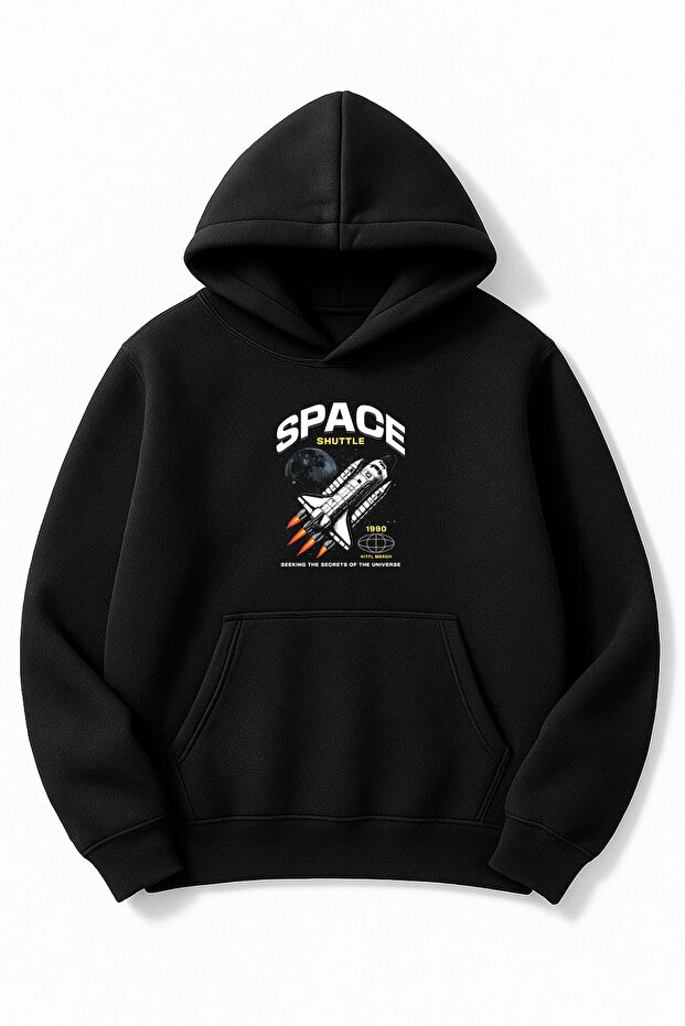 سويت شيرت أسود قصة فضفاضة للجنسين Space مطبوع بغطاء رأس