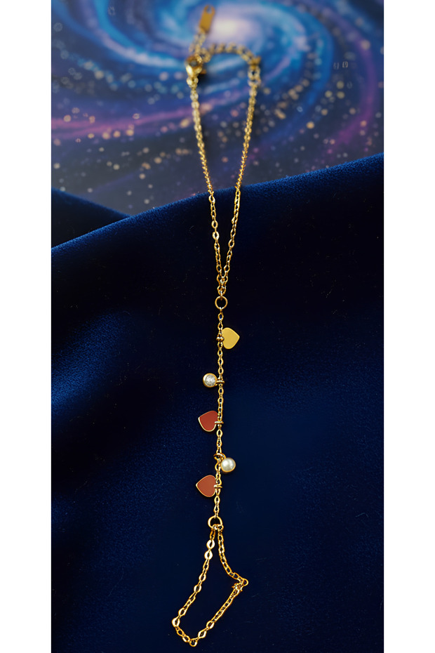 New Season Gold-Colored Shahmeran with Heart and Pearl Stone Dangle Trend Gold-Colored Steel Shahmeran