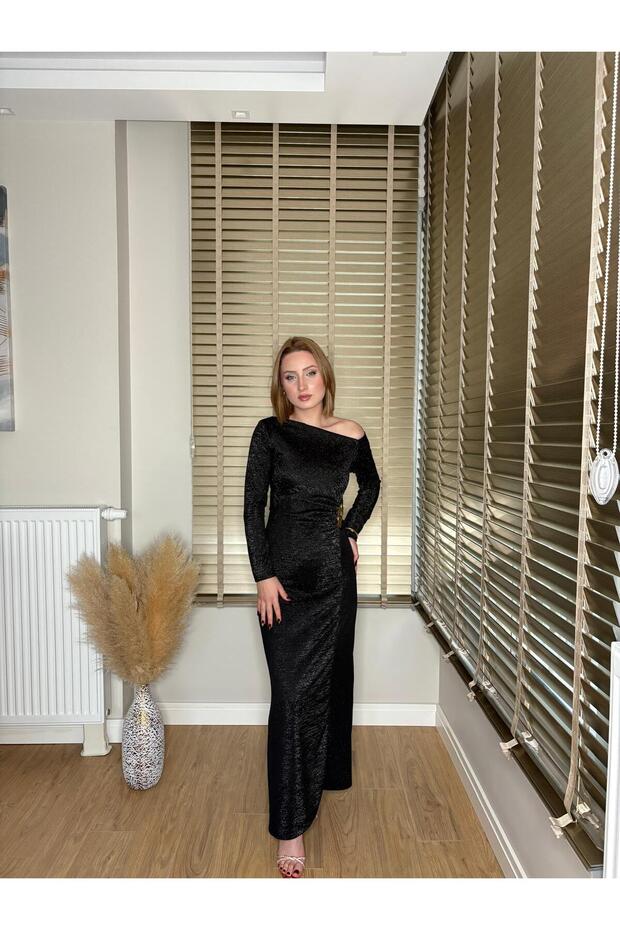 Simli Tek Omuz Tokalı Uzun Abiye Elbise - 2