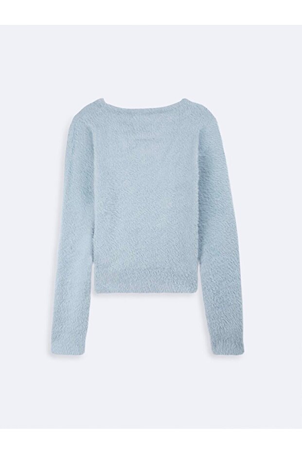 Uzun Kollu V Yaka Basıc Mavi Kazak - 2