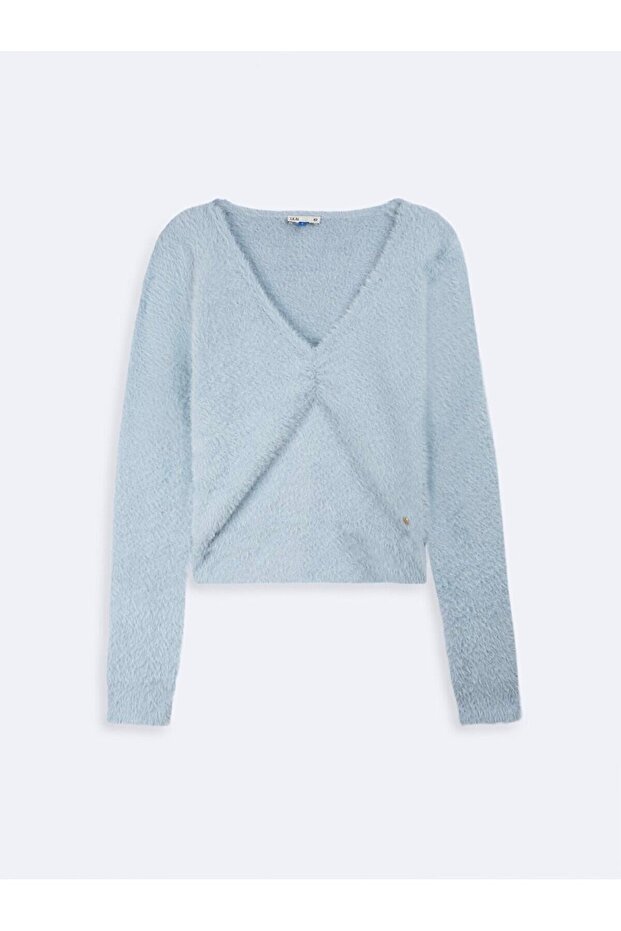 Uzun Kollu V Yaka Basıc Mavi Kazak - 1