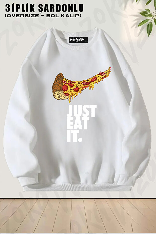 Unisex Loose Fit Just Eat It Pizza Printed Design Oversized Crew Neck Sweatshirt