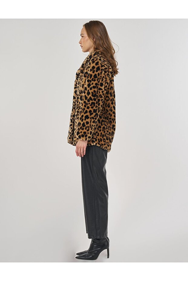 Leopard Pattern Plush Coat Beige - 4